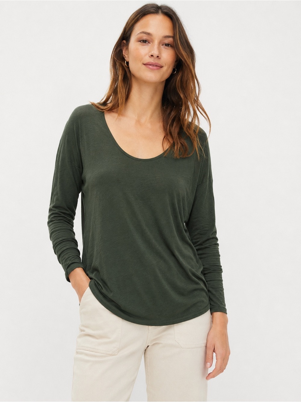 Kit and Ace Merino Wool Blend Long Sleeve Scoop Neck Top Olive Green Size Large